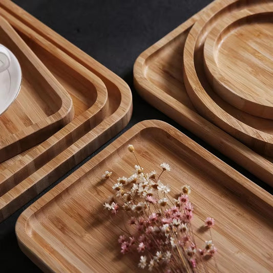 Wooden Bamboo Serving Tray, Tea Cup Saucer Trays, Fruit Plate